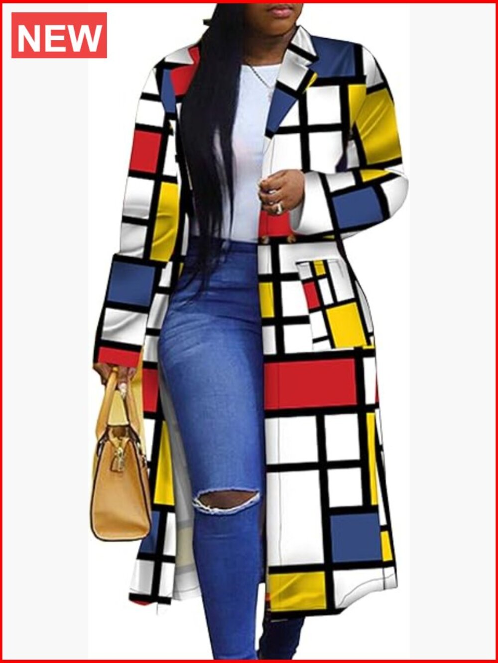 Geometric Print Turn Down Collar Double Breasted Trench Coat Long Blazer Jacket